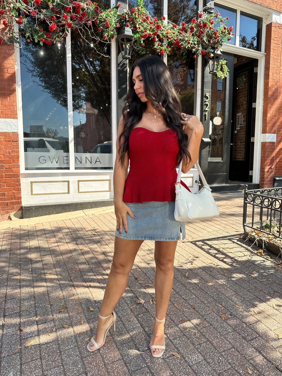 Addie Red Strapless Knit Peplum Top - Gwenna The Label