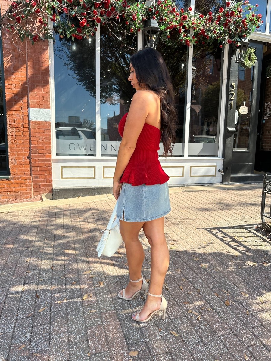 Addie Red Strapless Knit Peplum Top - Gwenna The Label