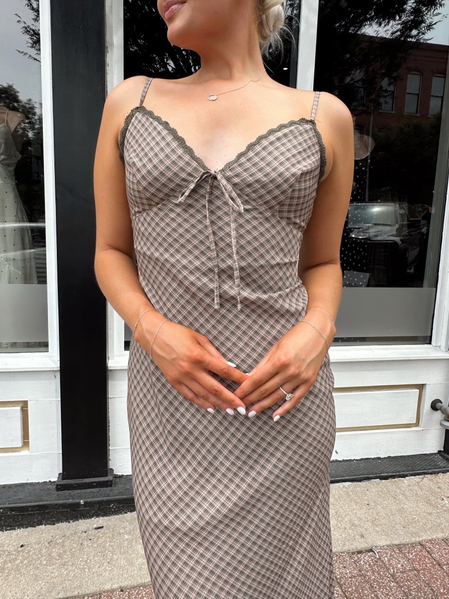 Alyssa Brown Plaid Lace Trim Maxi Dress - Gwenna The Label