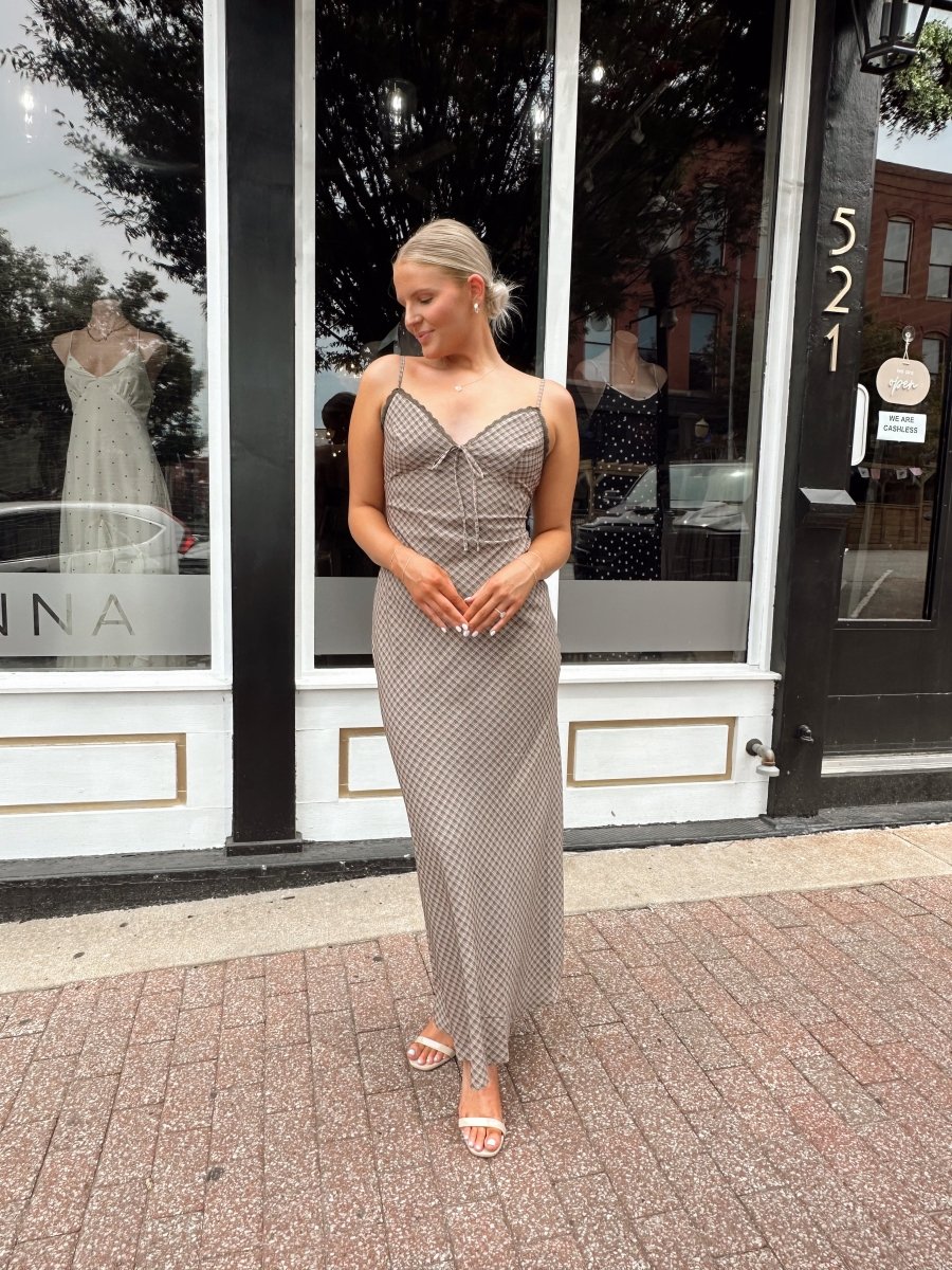 Alyssa Brown Plaid Lace Trim Maxi Dress - Gwenna The Label