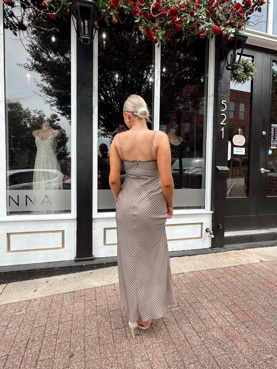 Alyssa Brown Plaid Lace Trim Maxi Dress - Gwenna The Label