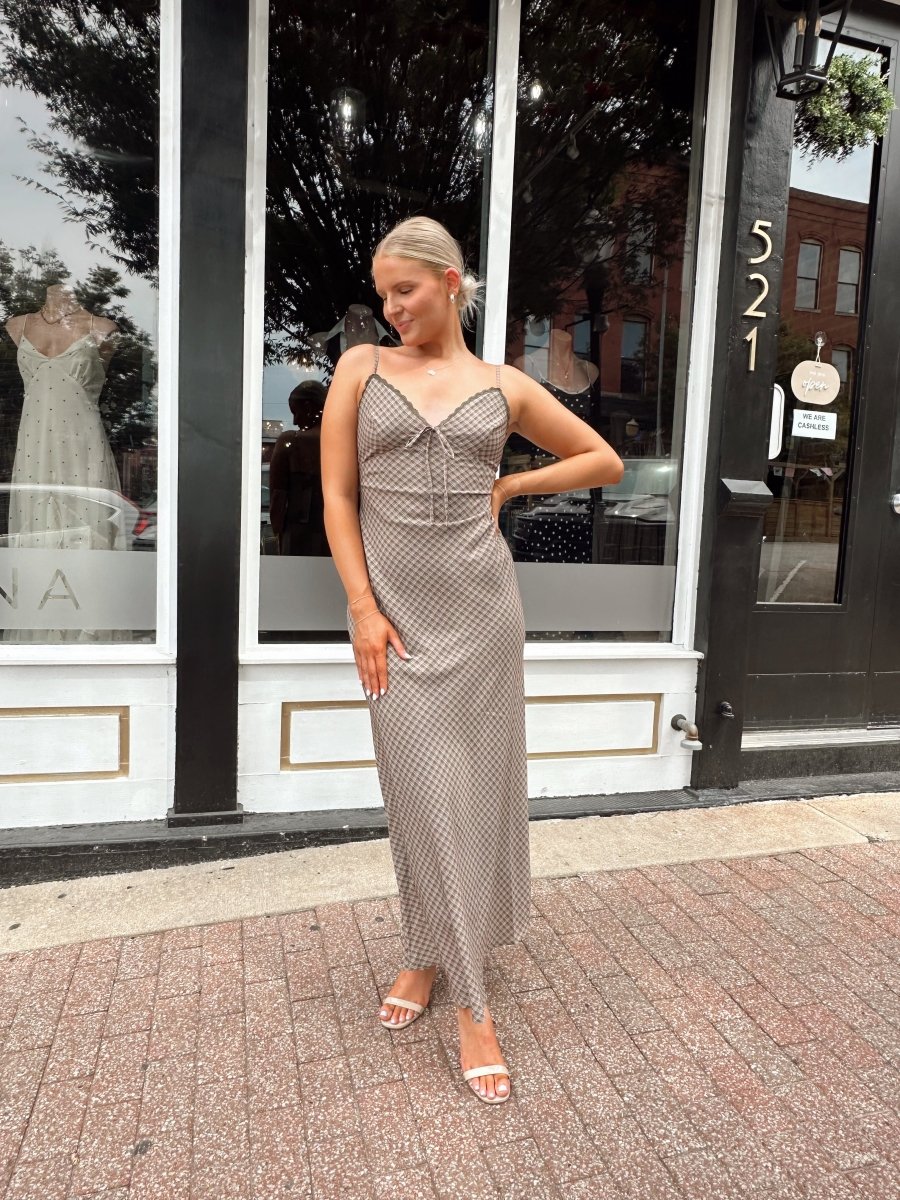 Alyssa Brown Plaid Lace Trim Maxi Dress - Gwenna The Label