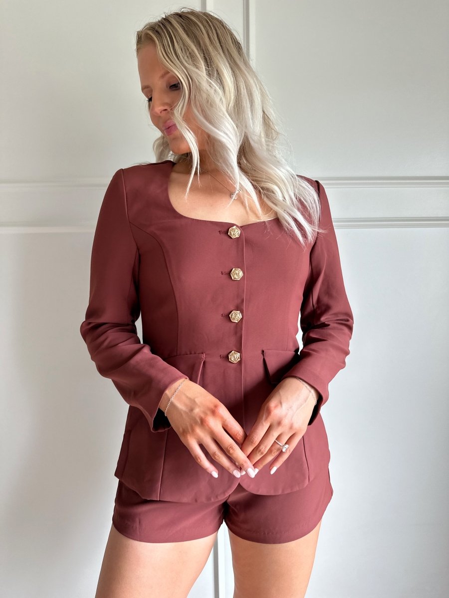 Ashton Dark Rose Tailored Long Sleeve Romper - Gwenna The Label