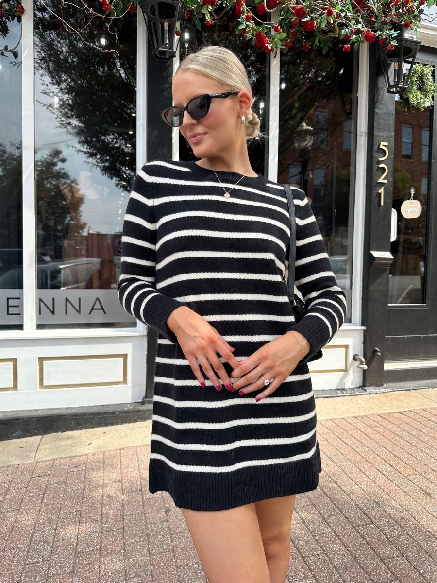 Aspen Black And White Striped Long Sleeve Sweater Dress - Gwenna The Label