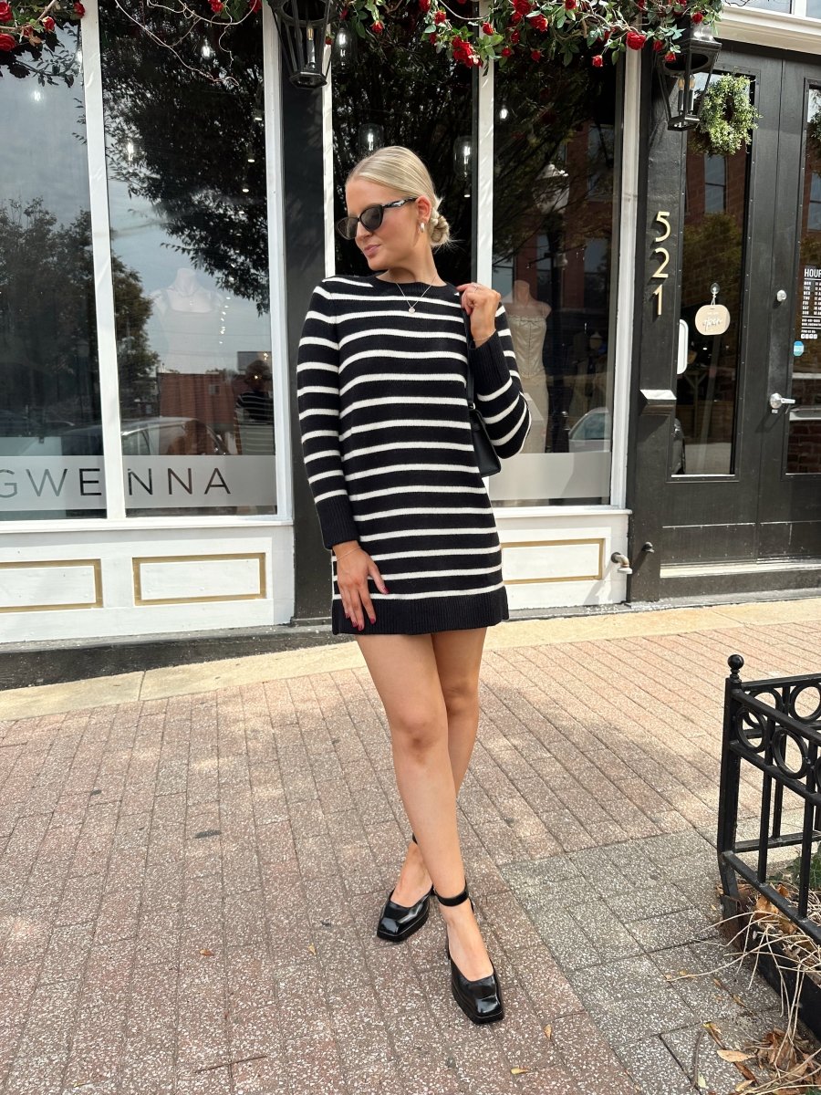 Aspen Black And White Striped Long Sleeve Sweater Dress - Gwenna The Label