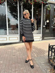 Aspen Black And White Striped Long Sleeve Sweater Dress - Gwenna The Label