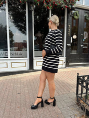 Aspen Black And White Striped Long Sleeve Sweater Dress - Gwenna The Label