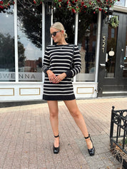 Aspen Black And White Striped Long Sleeve Sweater Dress - Gwenna The Label