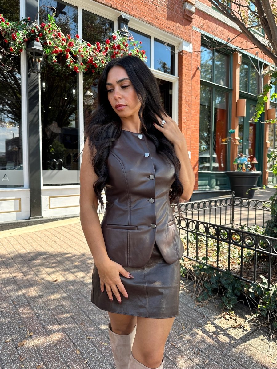 August Brown Leather Button Up Vest - Gwenna The Label