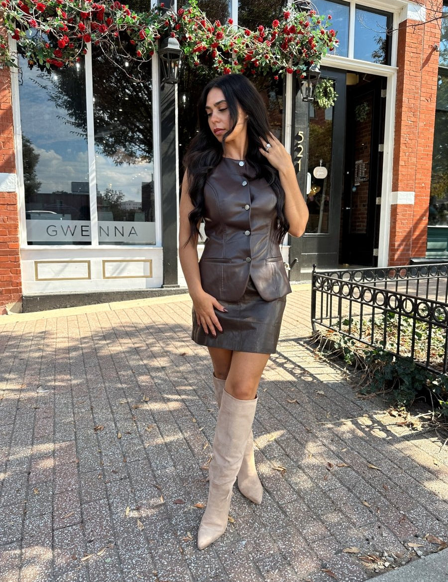 August Brown Leather Button Up Vest - Gwenna The Label