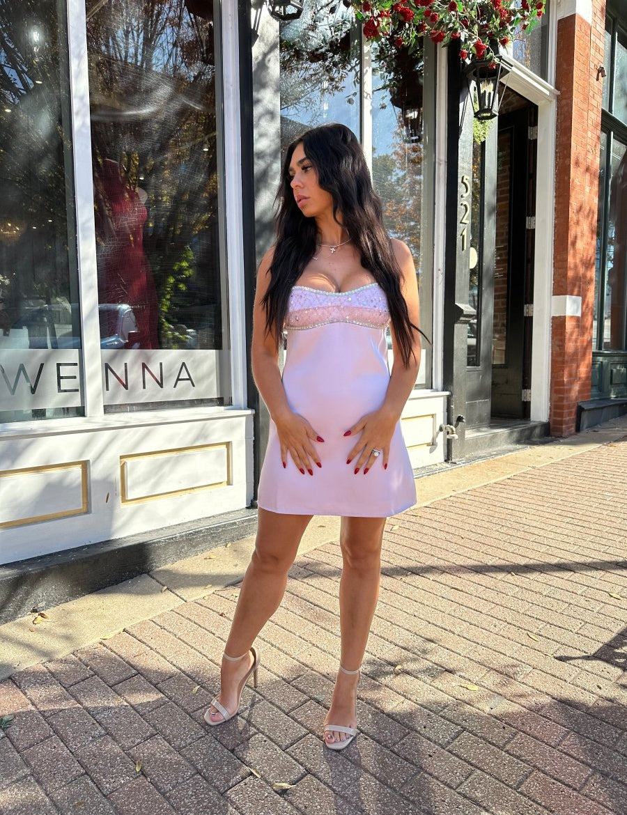 Aurora Light Pink Jewel Satin Mini Dress - Gwenna The Label