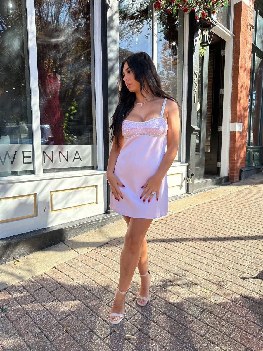 Aurora Light Pink Jewel Satin Mini Dress - Gwenna The Label
