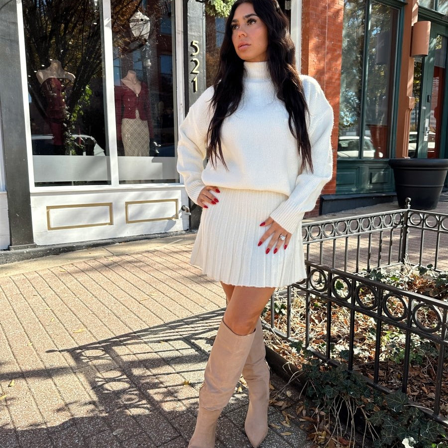 Baylor Cream Sweater and Pleated Mini Skirt Set - Gwenna The Label