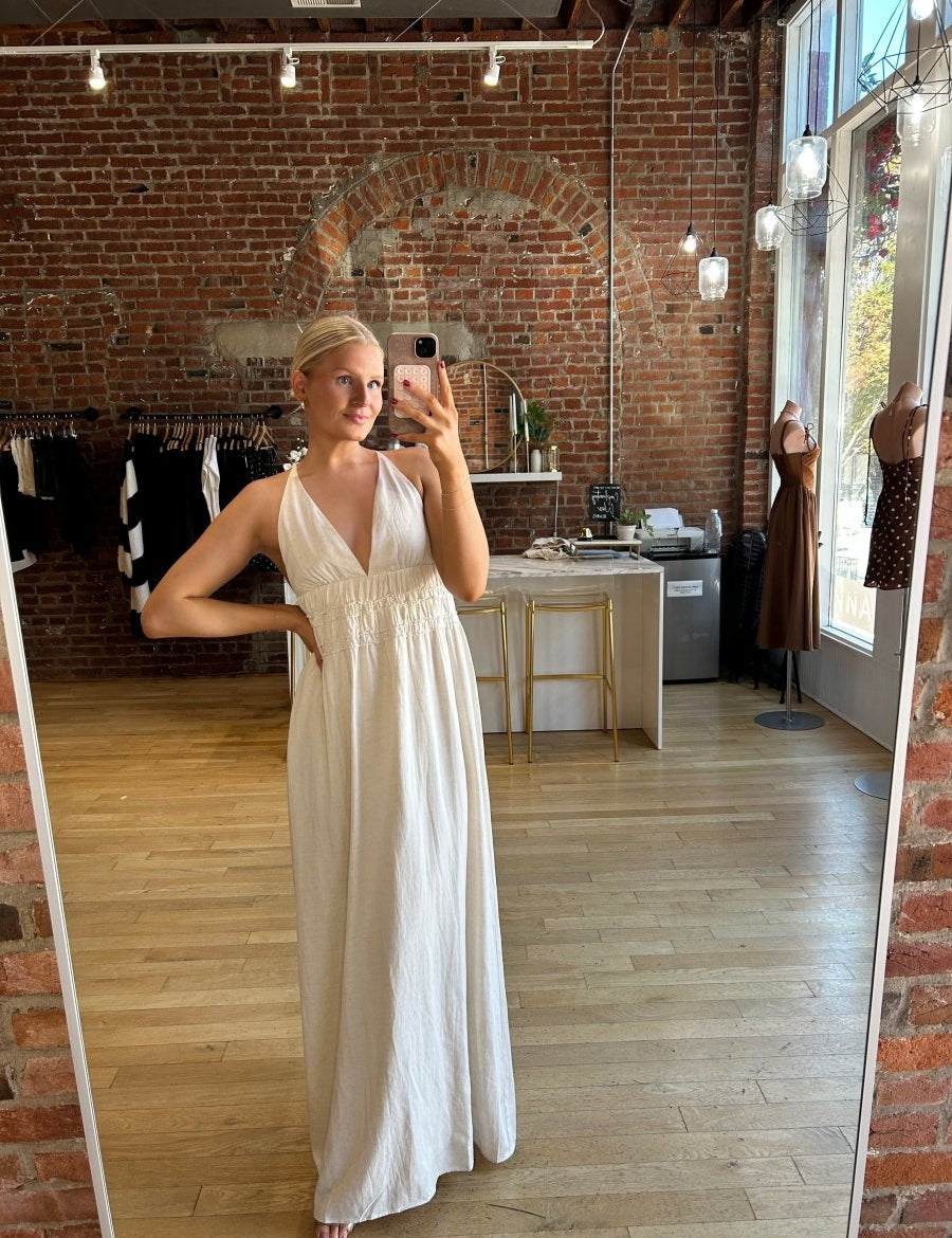 Bentley Beige Smocked Linen Maxi Dress - Gwenna The Label