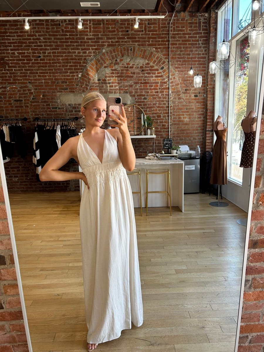 Bentley Beige Smocked Linen Maxi Dress - Gwenna The Label