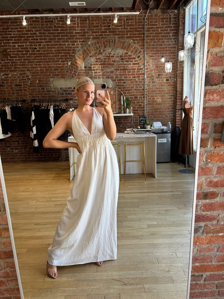 Bentley Beige Smocked Linen Maxi Dress