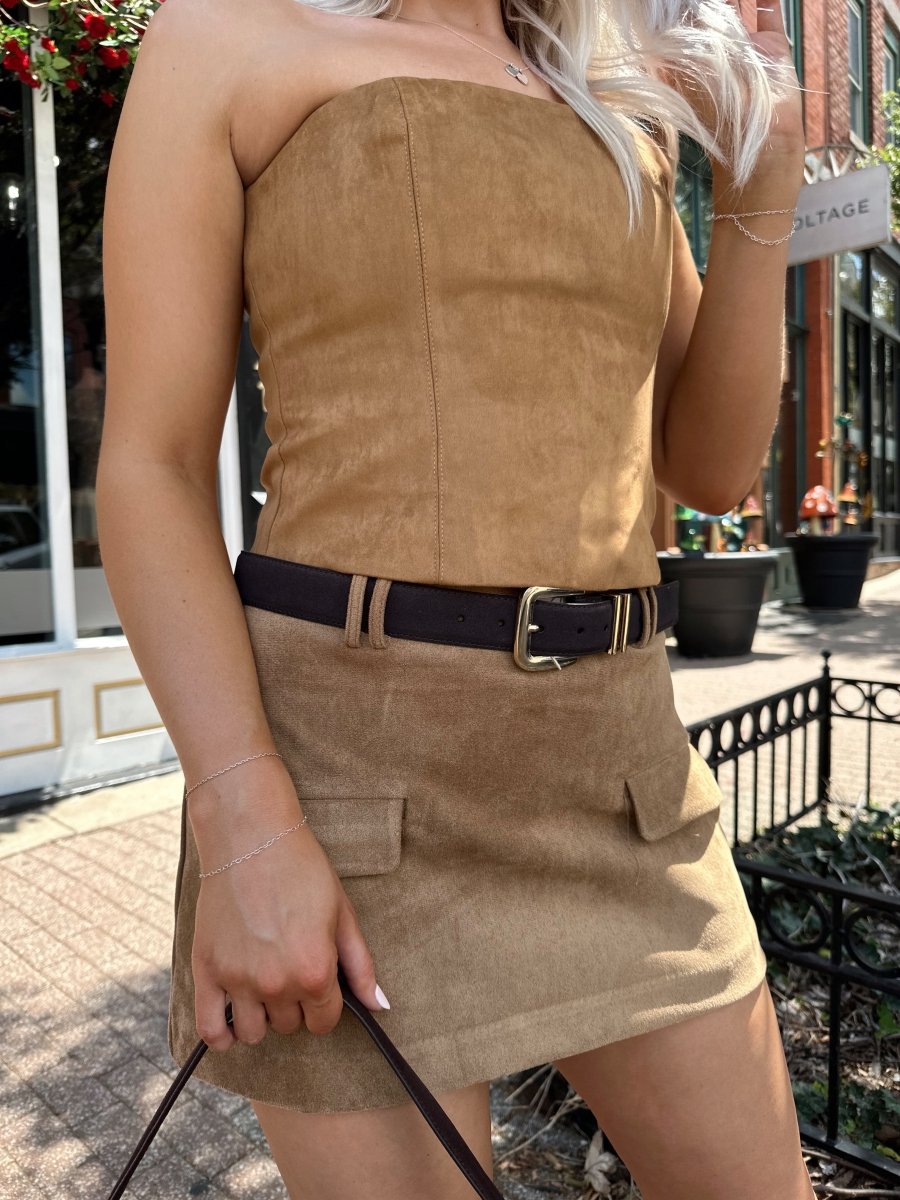 Bri Tan Suede Tailored Mini Skirt - Gwenna The Label