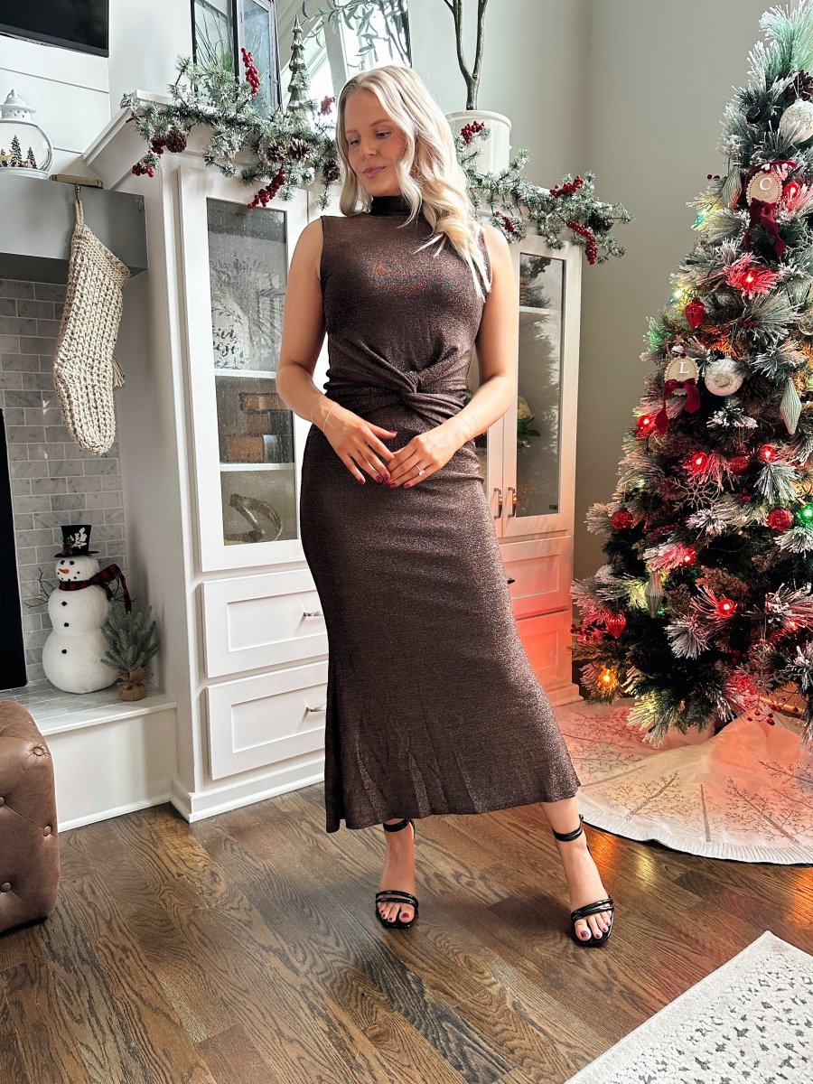 Briana Brown Metallic Twist Midi Dress - Gwenna The Label