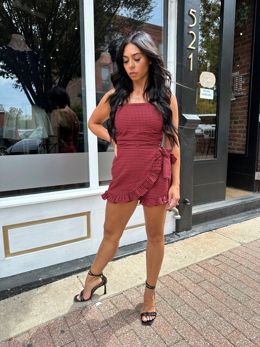 Camille Red Gingham Strapless Romper - Gwenna The Label