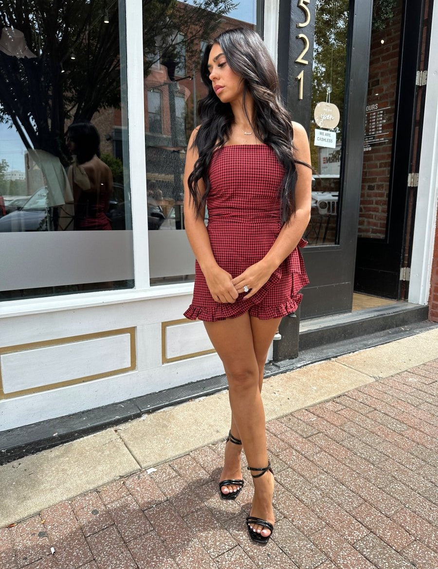 Camille Red Gingham Strapless Romper - Gwenna The Label