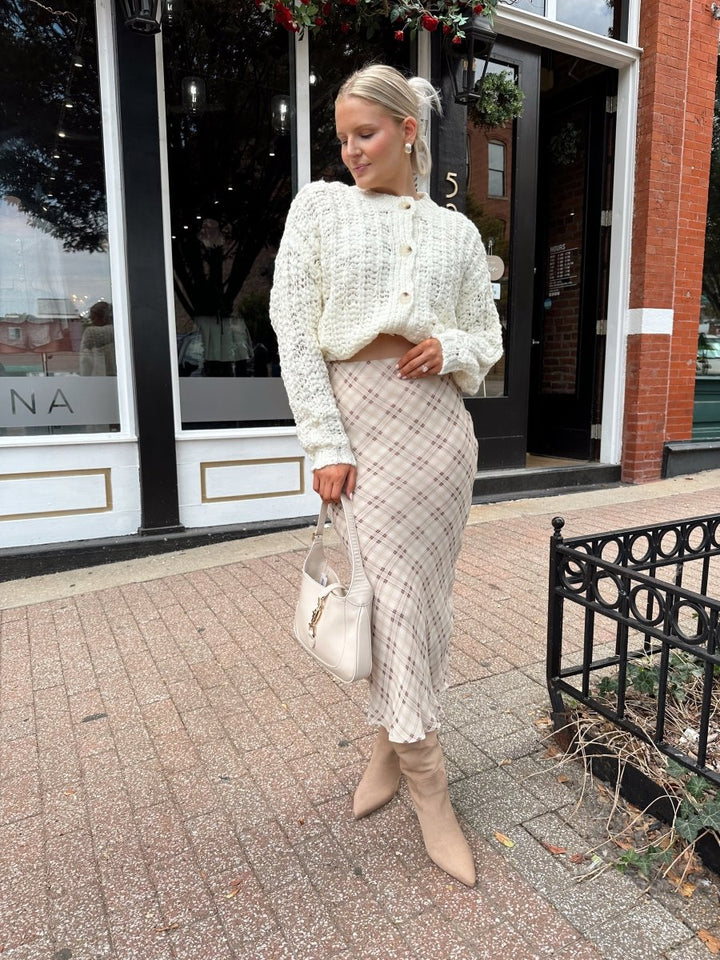 Charlene Beige Plaid Midi Skirt - Gwenna The Label