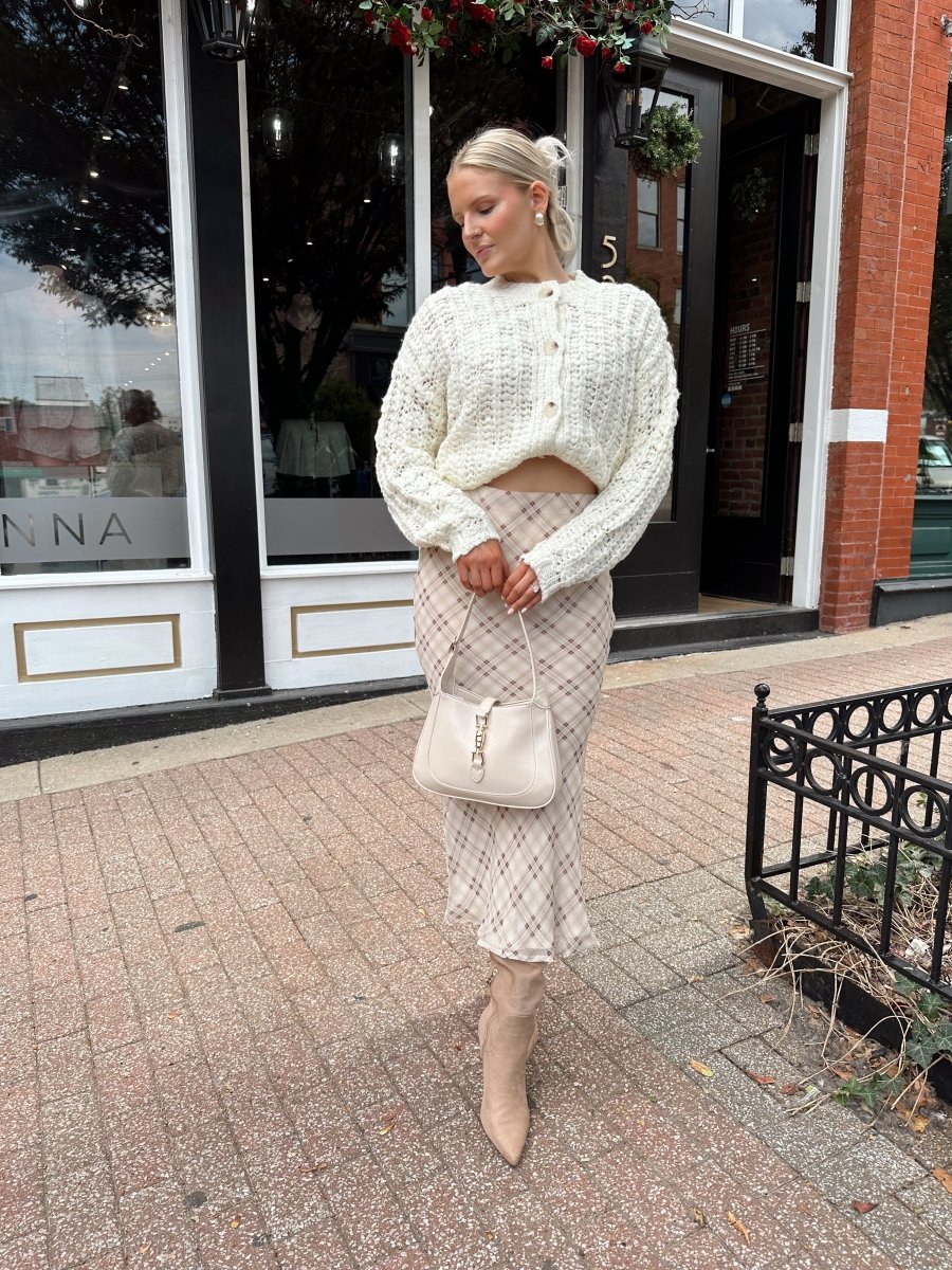 Charlene Beige Plaid Midi Skirt - Gwenna The Label