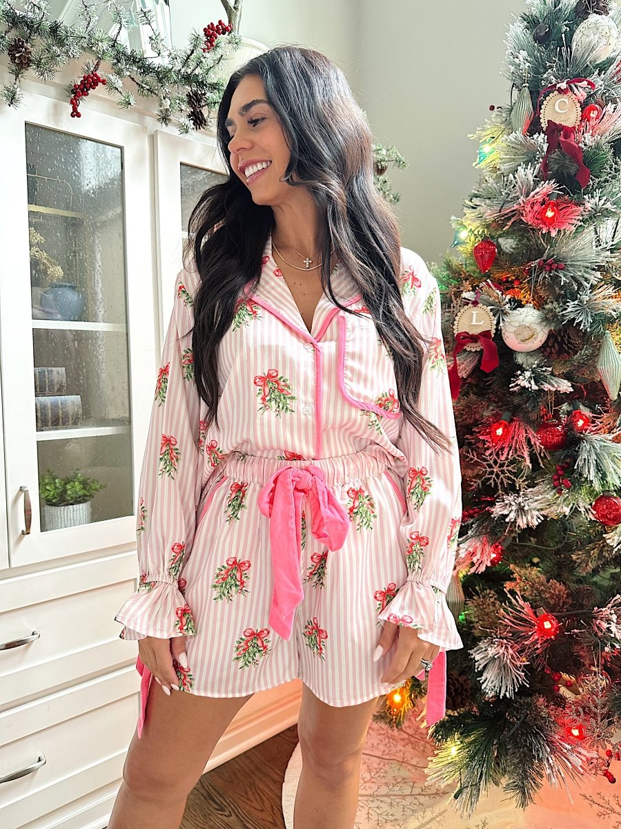 Clara Pink Striped Wreath Satin Pajama Set - Gwenna The Label