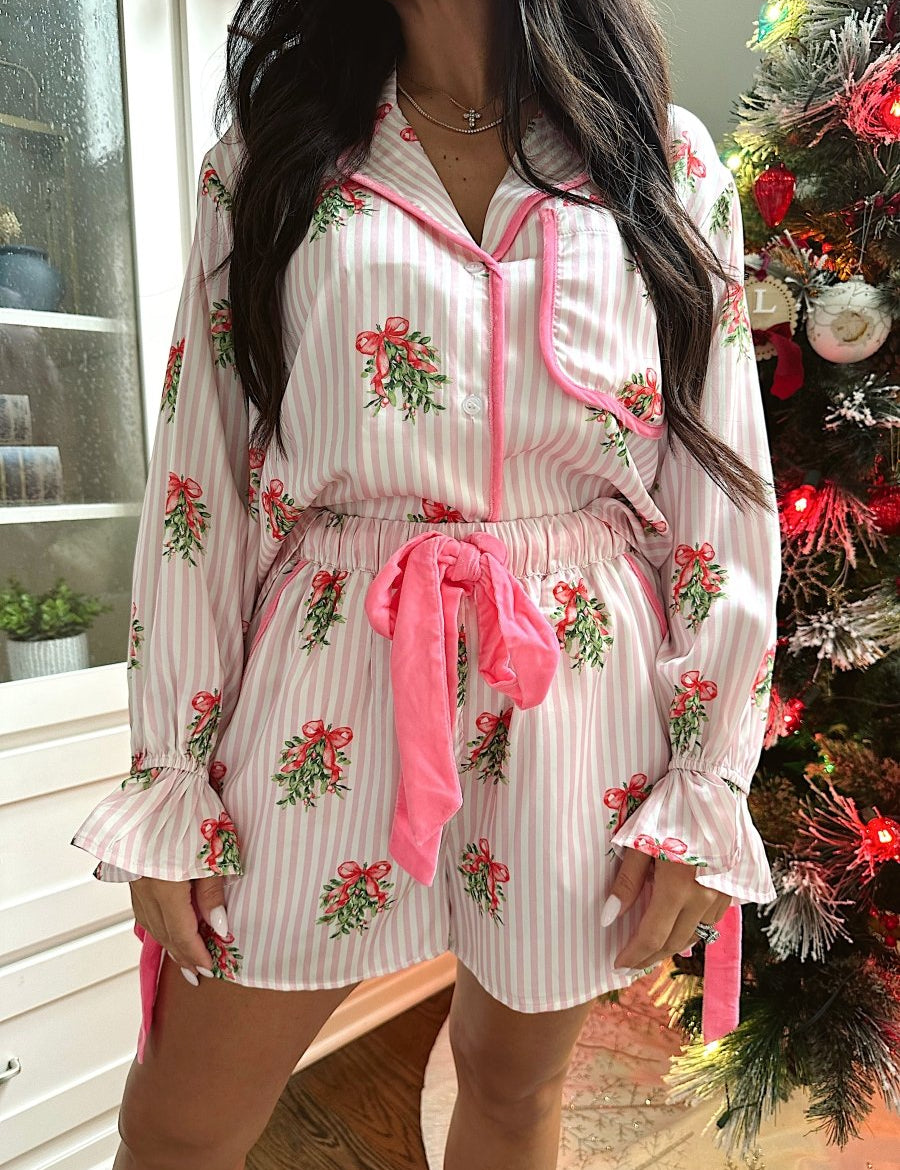 Clara Pink Striped Wreath Satin Pajama Set - Gwenna The Label