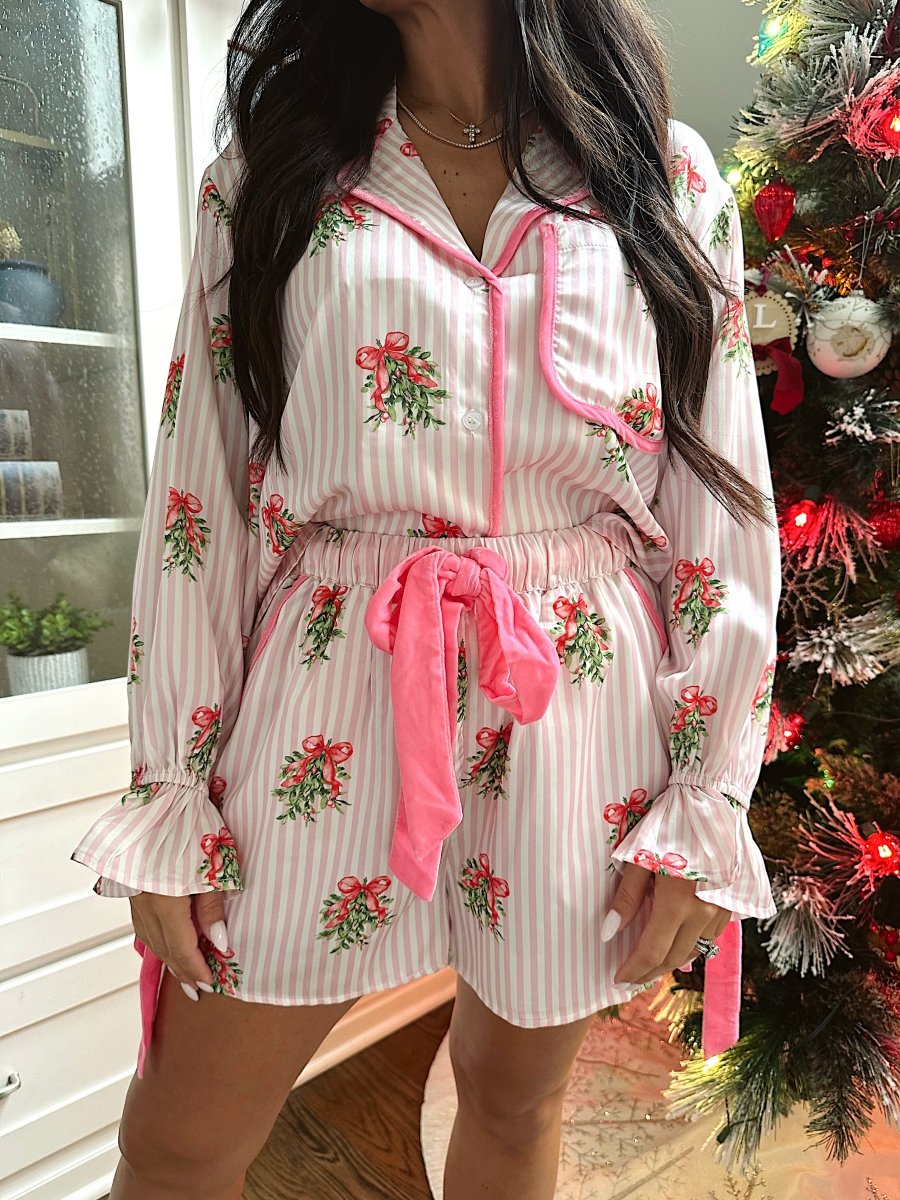 Clara Pink Striped Wreath Satin Pajama Set - Gwenna The Label