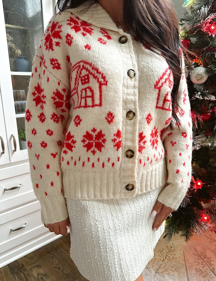 Clara Red and Cream Christmas Cardigan - Gwenna The Label