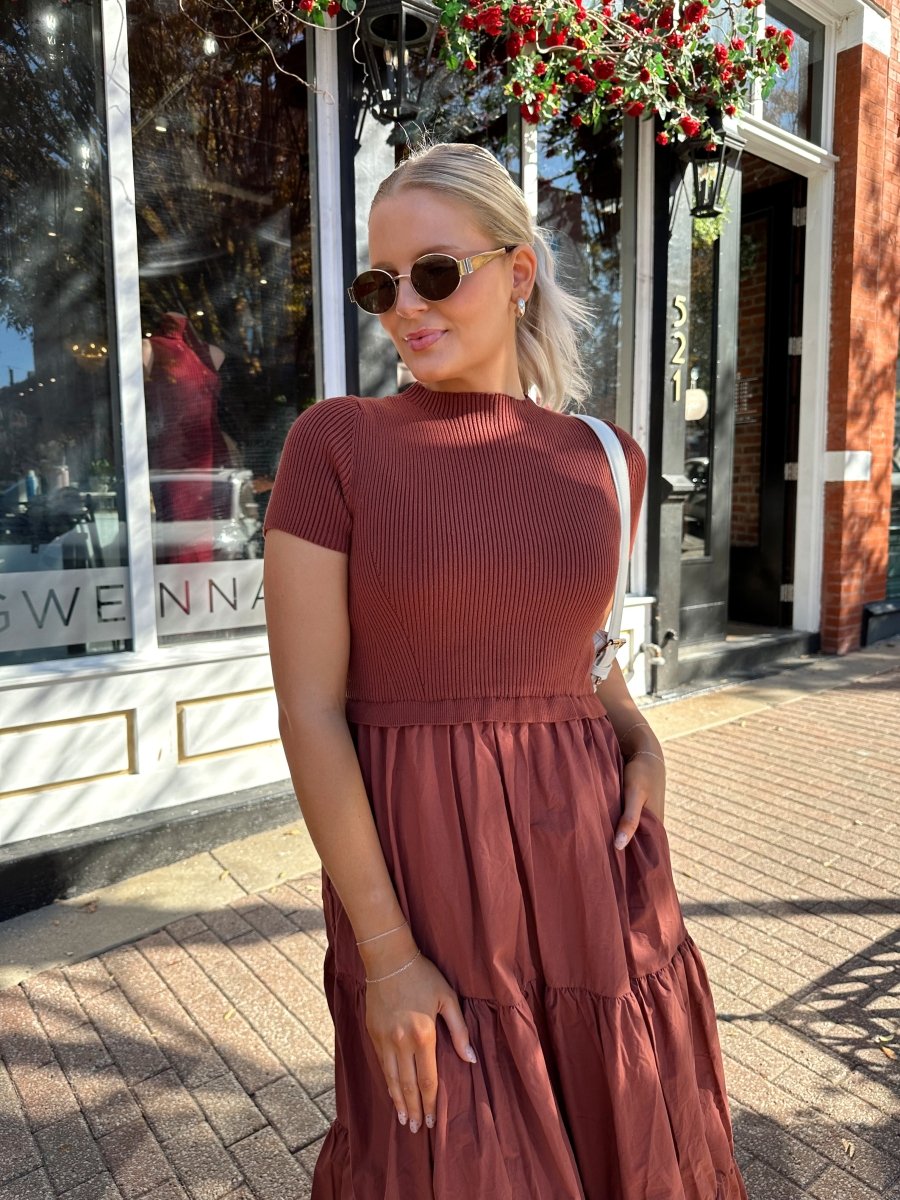 Clementine Rust Mock Neck Midi Dress - Gwenna The Label