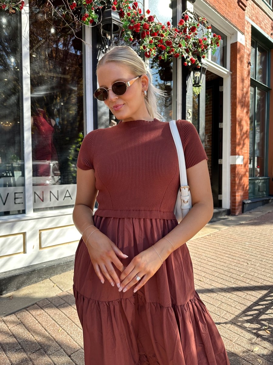 Clementine Rust Mock Neck Midi Dress - Gwenna The Label