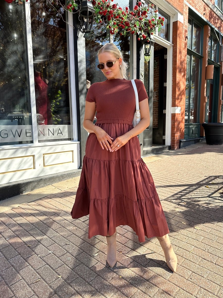 Clementine Rust Mock Neck Midi Dress - Gwenna The Label