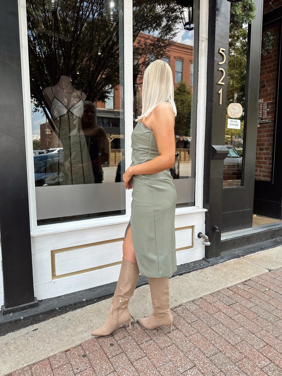 Colette Green Leather Draped Strapless Midi Dress - Gwenna The Label