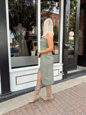 Colette Green Leather Draped Strapless Midi Dress - Gwenna The Label