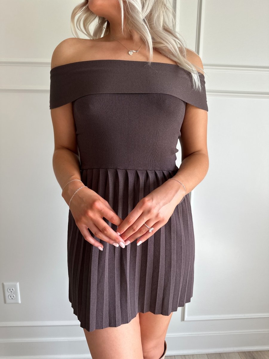 Daphne Brown Ribbed Knit Pleated Off Shoulder Mini Dress - Gwenna The Label