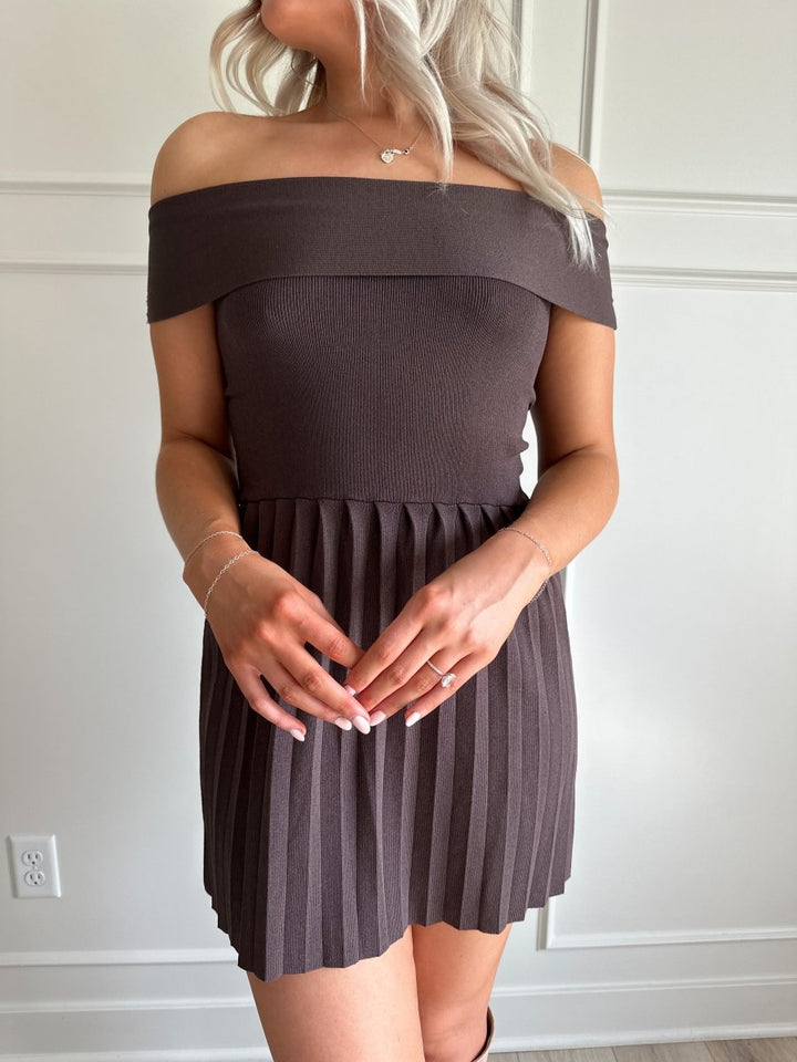 Daphne Brown Ribbed Knit Pleated Off Shoulder Mini Dress - Gwenna The Label