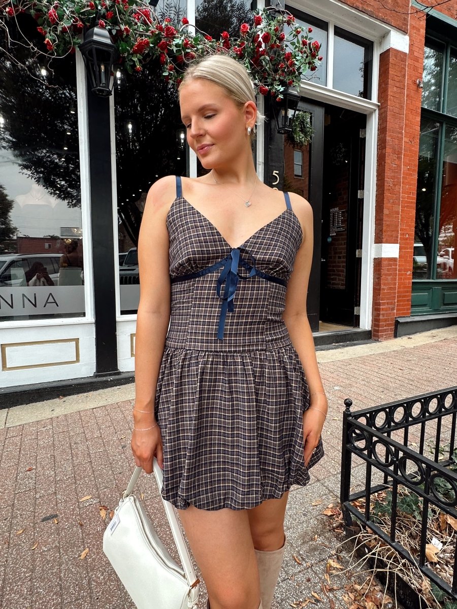 Darcy Navy Plaid Mini Dress - Gwenna The Label