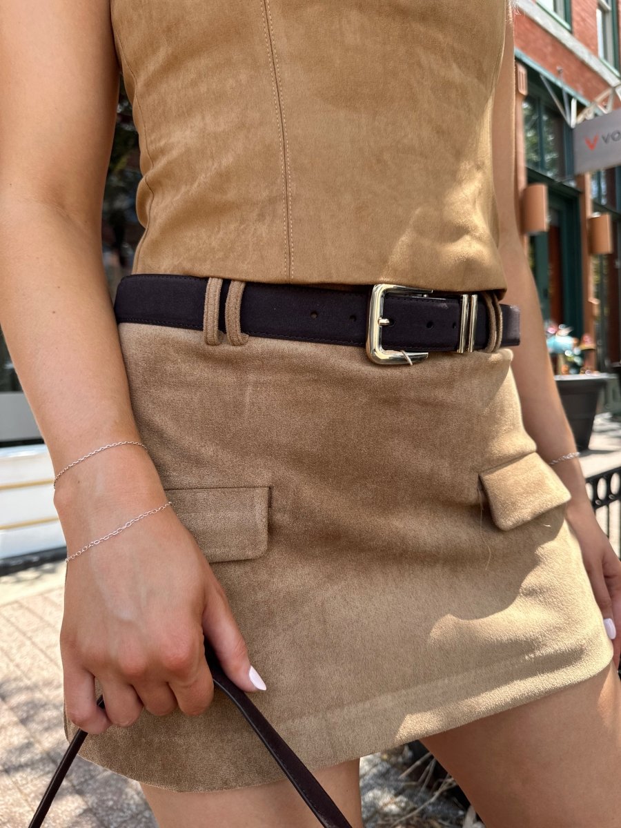 Dedra Dark Brown Suede Gold Buckle Belt - Gwenna The Label