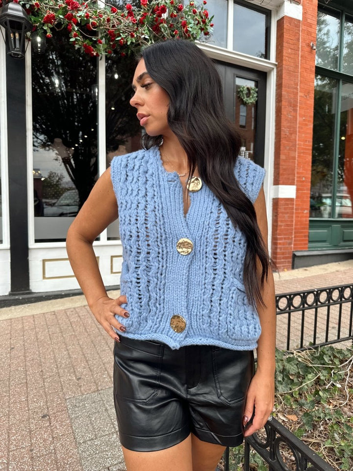 Drew Chunky Blue Knit Sweater Button Up - Gwenna The Label