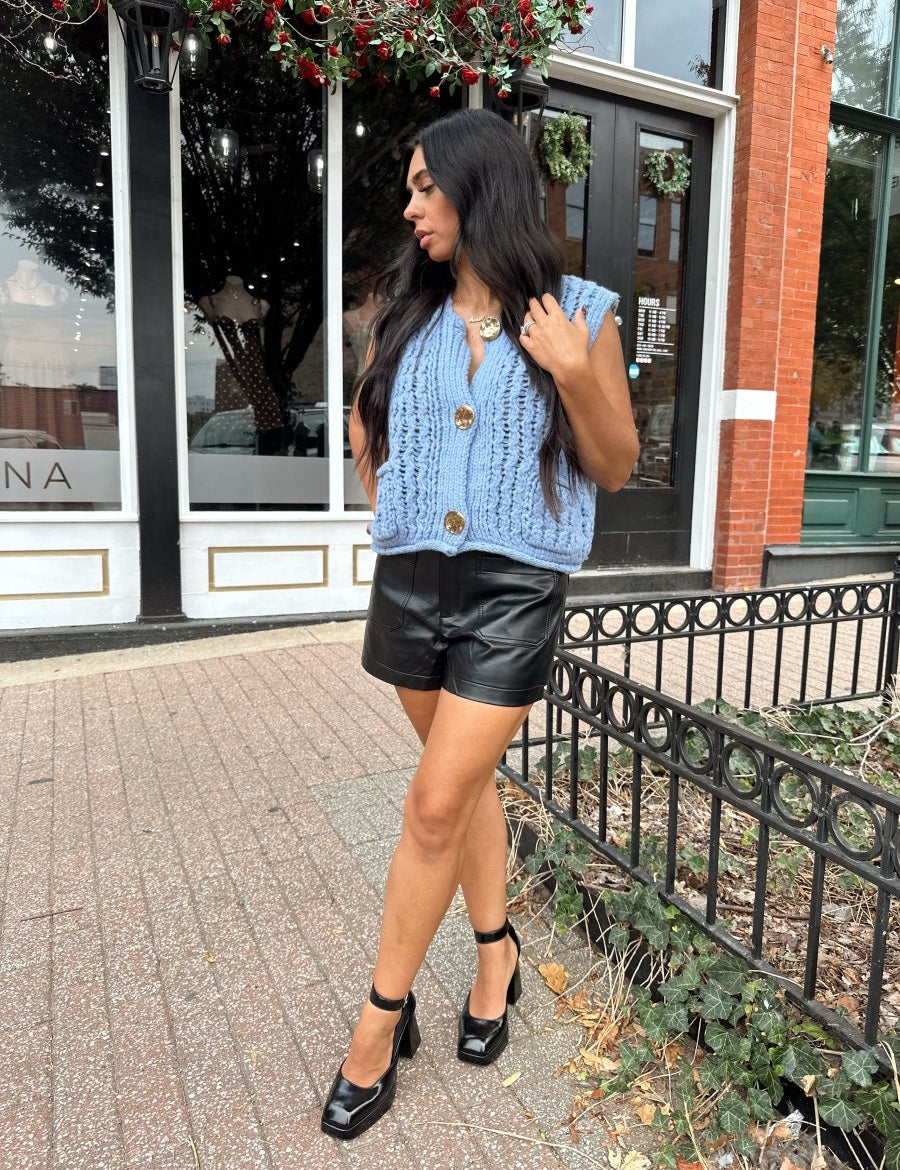 Drew Chunky Blue Knit Sweater Button Up - Gwenna The Label