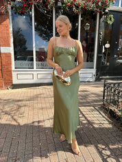 Elina Olive Green Satin Maxi Dress - Gwenna The Label