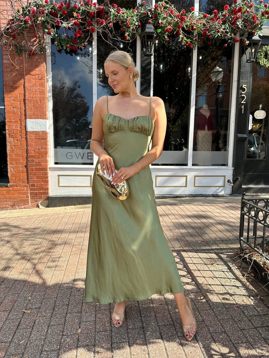 Elina Olive Green Satin Maxi Dress - Gwenna The Label