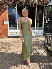 Elina Olive Green Satin Maxi Dress - Gwenna The Label