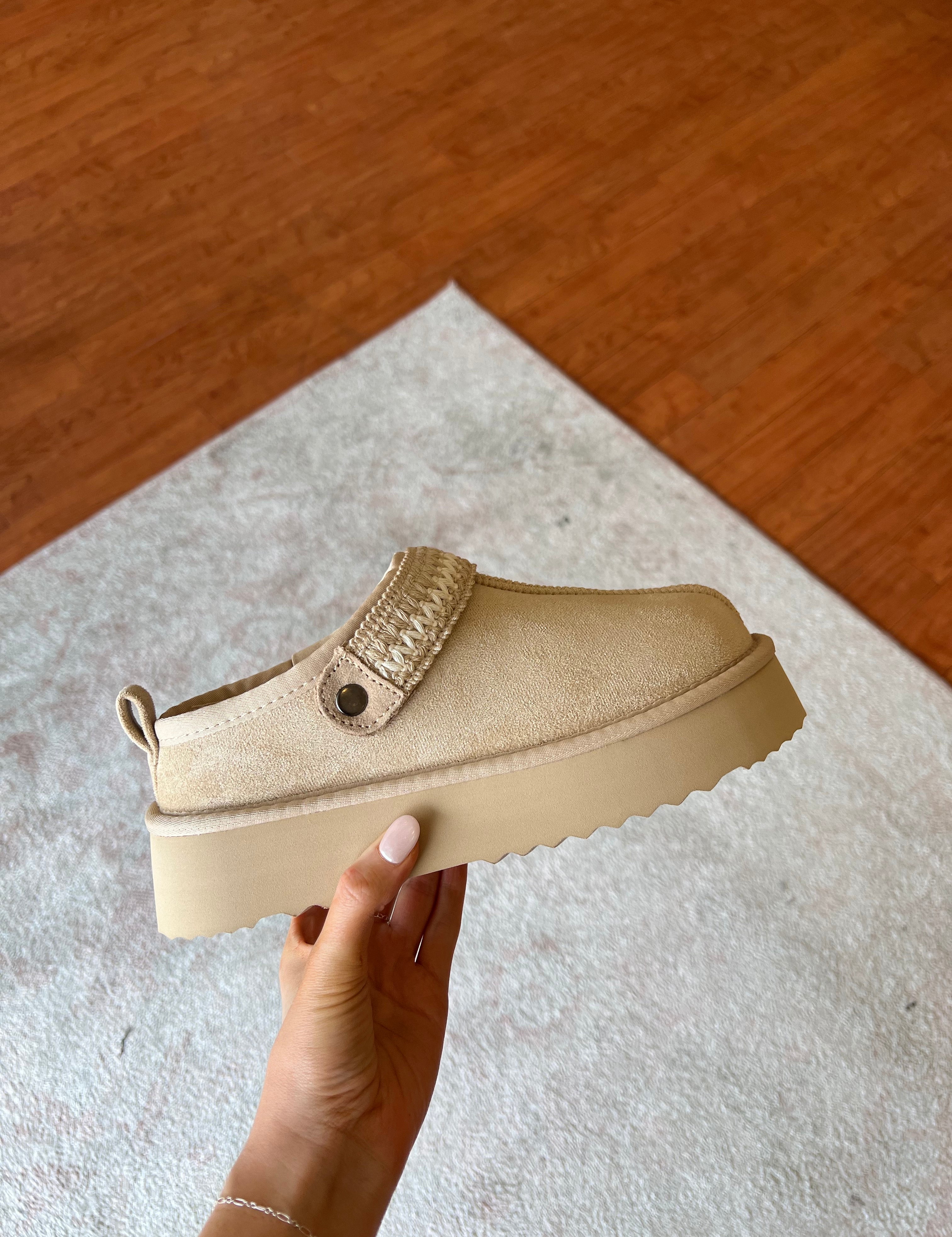 Tan Suede Slip On Clogs.