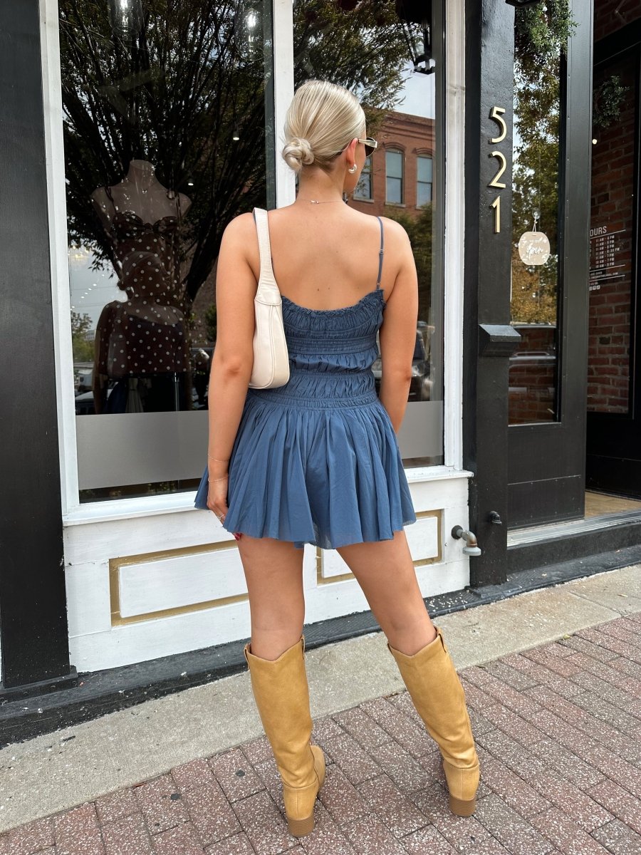 Emery Dusty Blue Smocked Mini Dress - Gwenna The Label