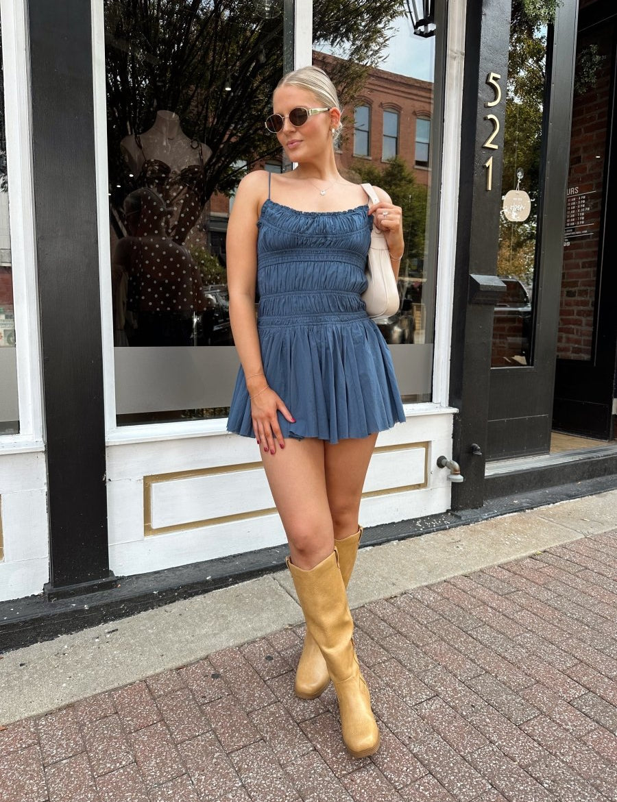 Emery Dusty Blue Smocked Mini Dress - Gwenna The Label