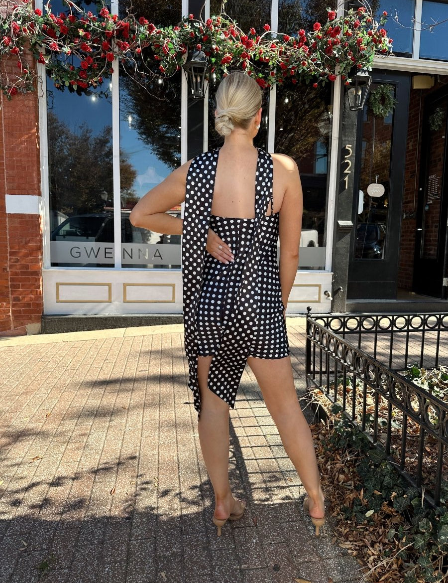 Emmy Black and White Polka Dot Halter Neck Satin Mini Dress - Gwenna The Label