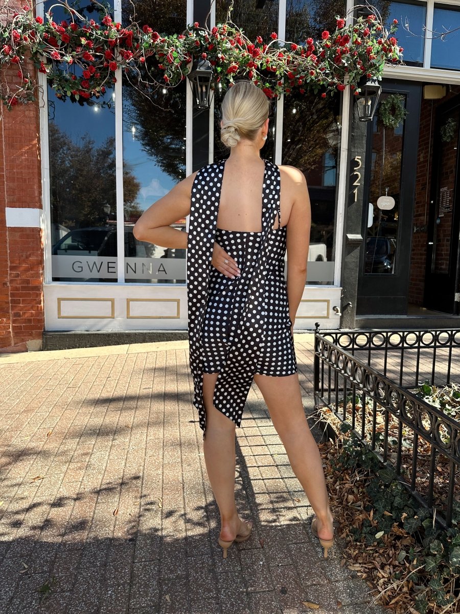 Emmy Black and White Polka Dot Halter Neck Satin Mini Dress - Gwenna The Label