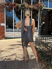 Emmy Black and White Polka Dot Halter Neck Satin Mini Dress - Gwenna The Label